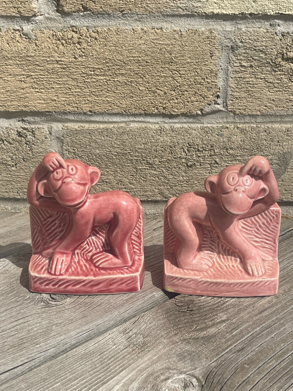 Vintage Pottery Ceramic Monkey Character Bookends Pink Pair Germany 5" 1950’s